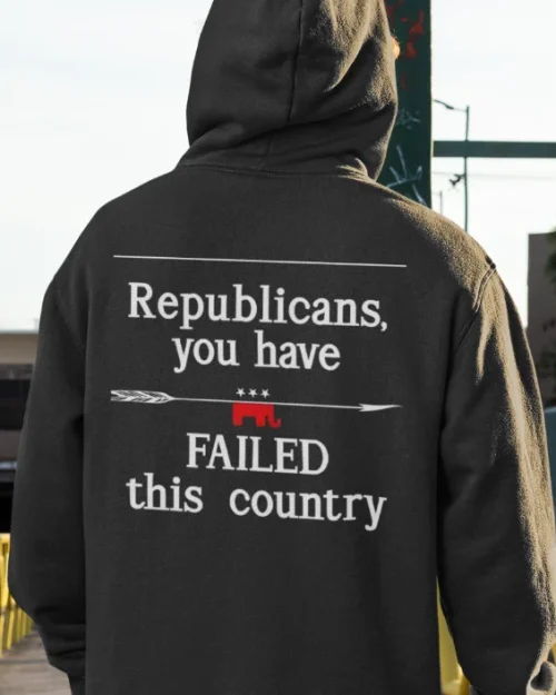 model wearing black hoodie with anti-trump design